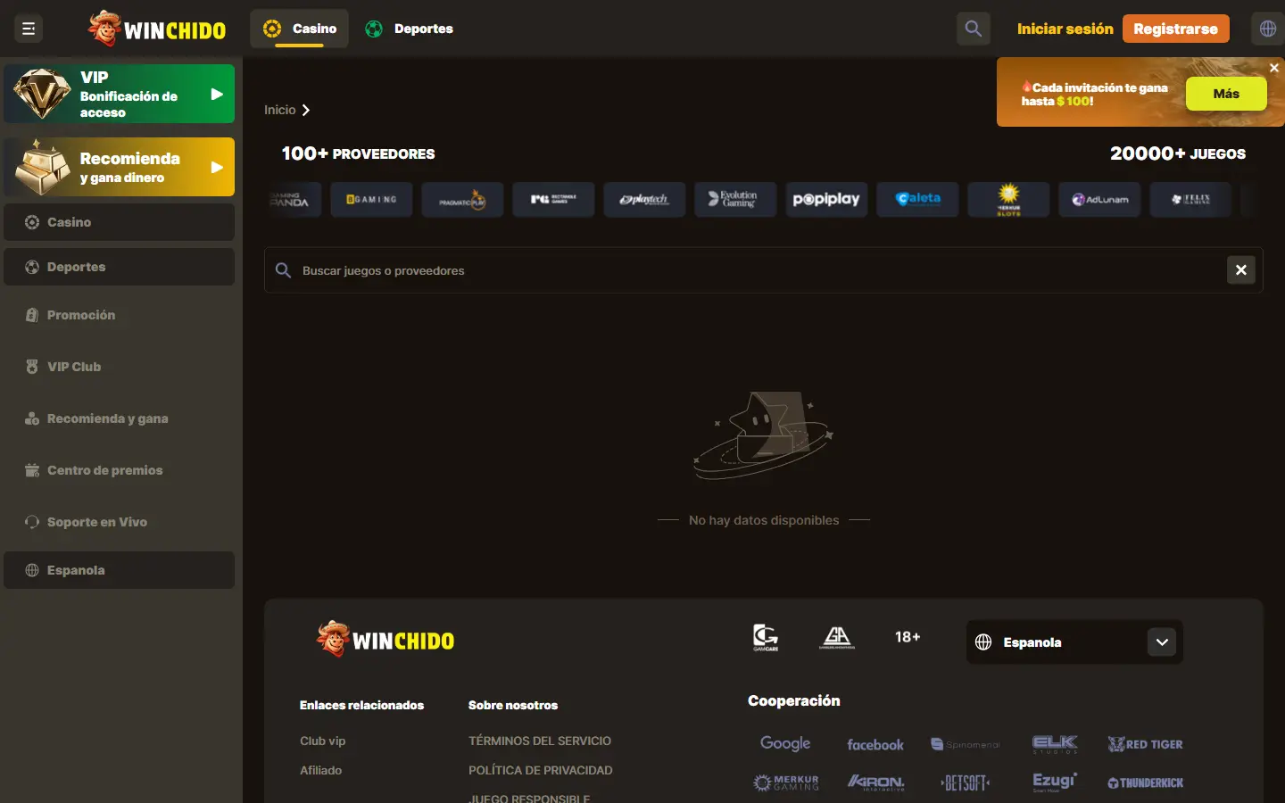 Búsqueda de juegos y proveedores en Winchido